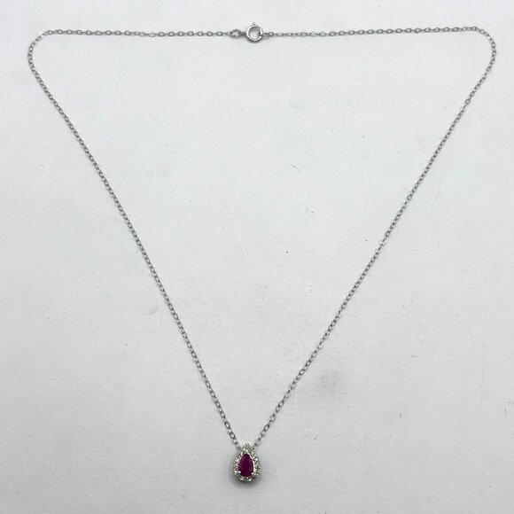 925 Sterling Silver Chain with Simulated Ruby & Lab Diamond Pear Cut Pendant - Picture 4 of 5